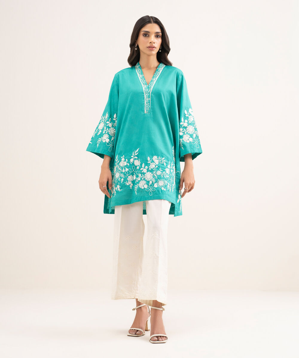 Women's RTW Self Jacquard Embroidered Green Straight Shirt