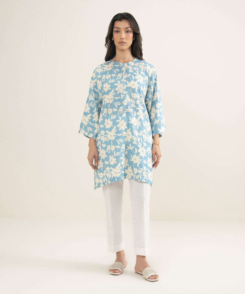 Women's RTW Arabic Cambric Printed Blue Drop Shoulder Shirt