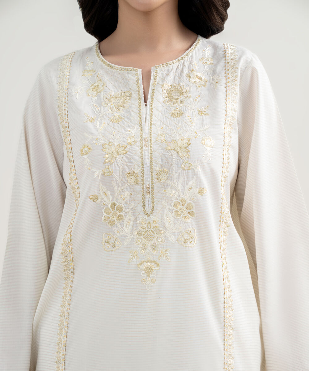 Women's RTW Zari Lawn Embroidered Off White 2 Piece Suit