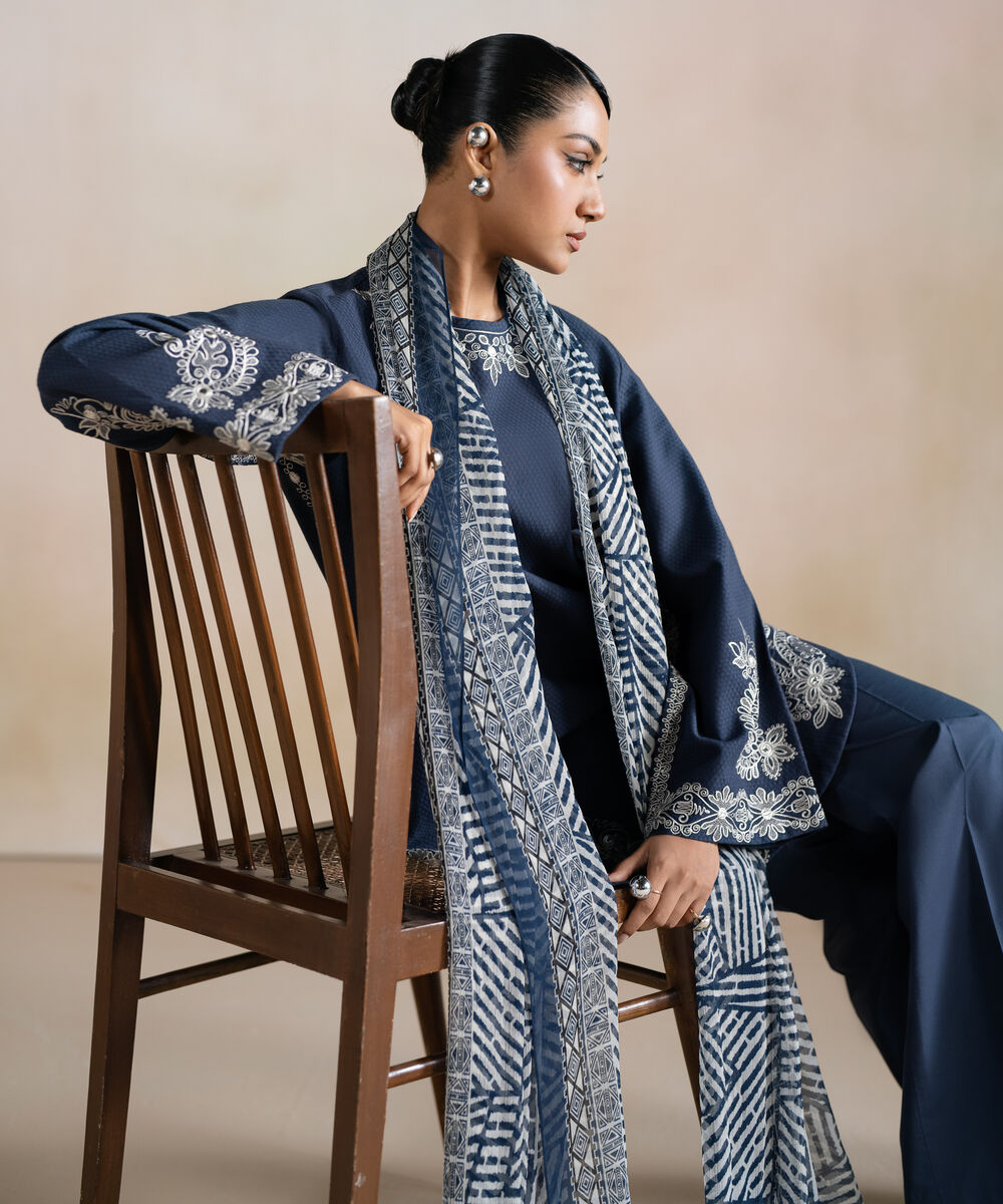 Women's Unstitched Dobby Embroidered Blue 3 Piece Suit