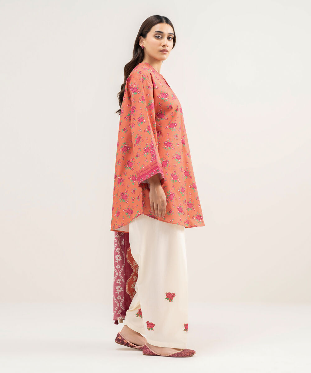 Women's Unstitched Lawn Printed Orange 2 Piece Suit