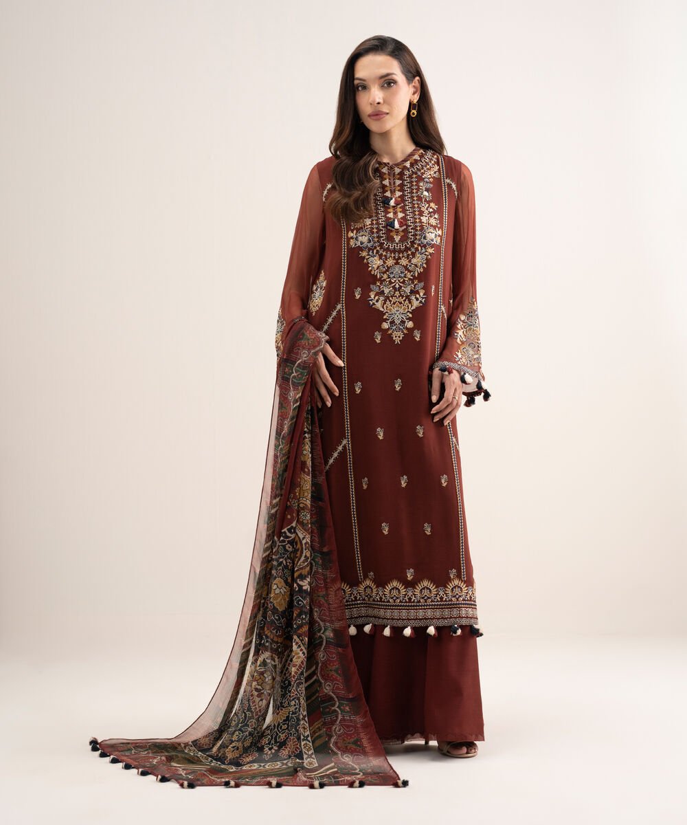 Women's Unstitched Blended Chiffon Embroidered Red 3 Piece Suit