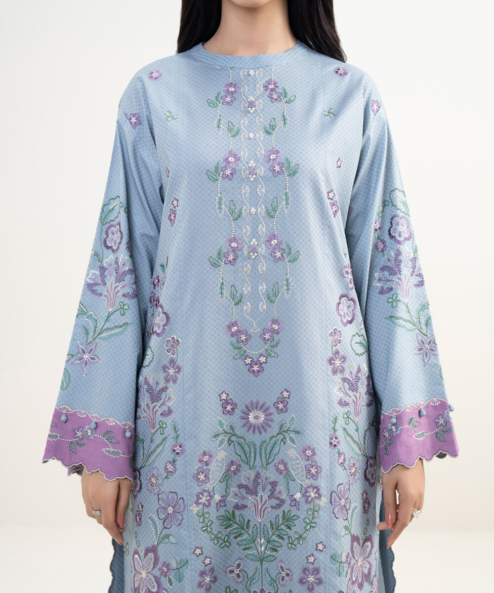 Women's Unstitched Dobby Embroidered Blue  3 Piece Suit