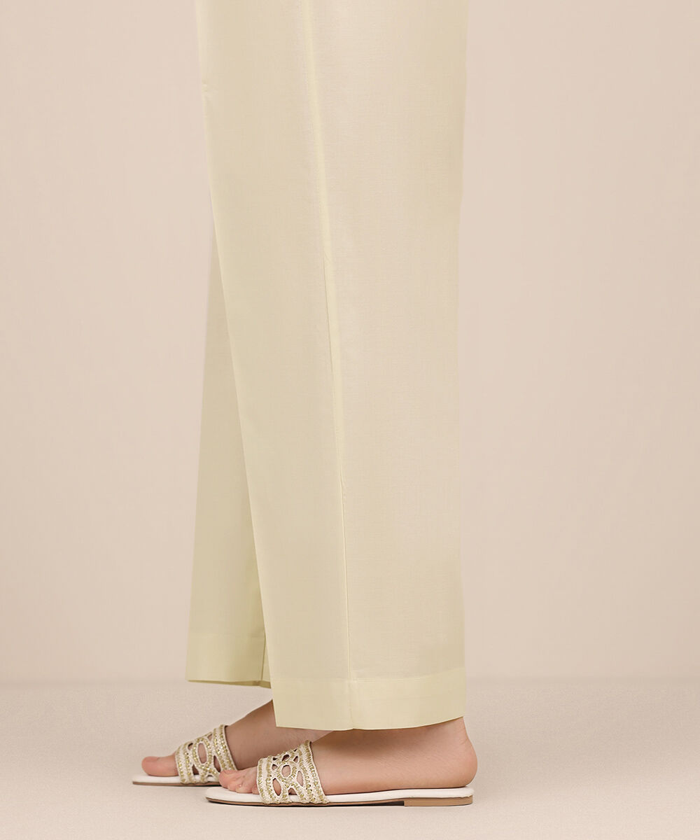 Women's RTW Cambric Off White Solid Straight Pants