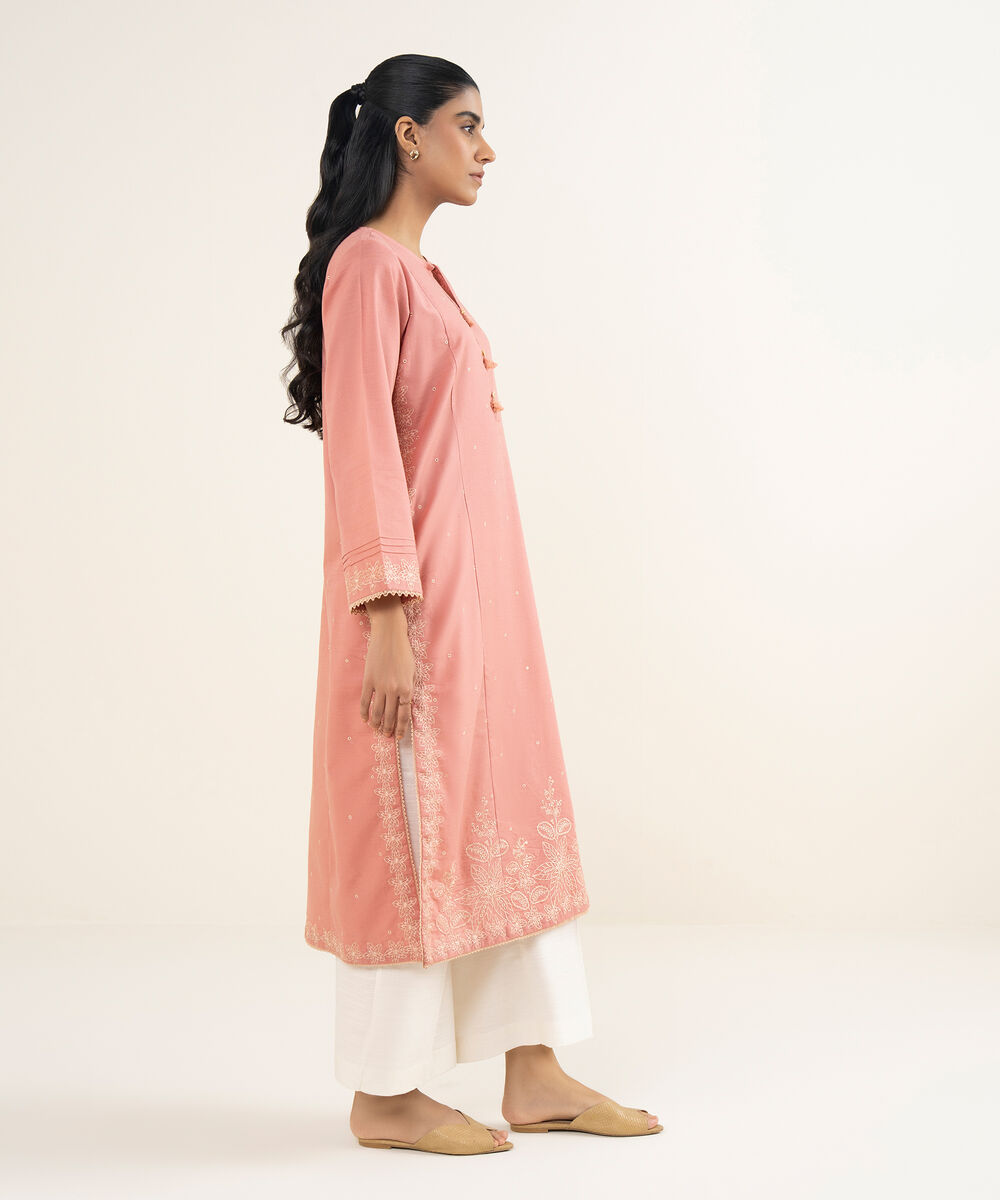 Women's RTW Light Khaddar Embroidered Pink A-Line Shirt