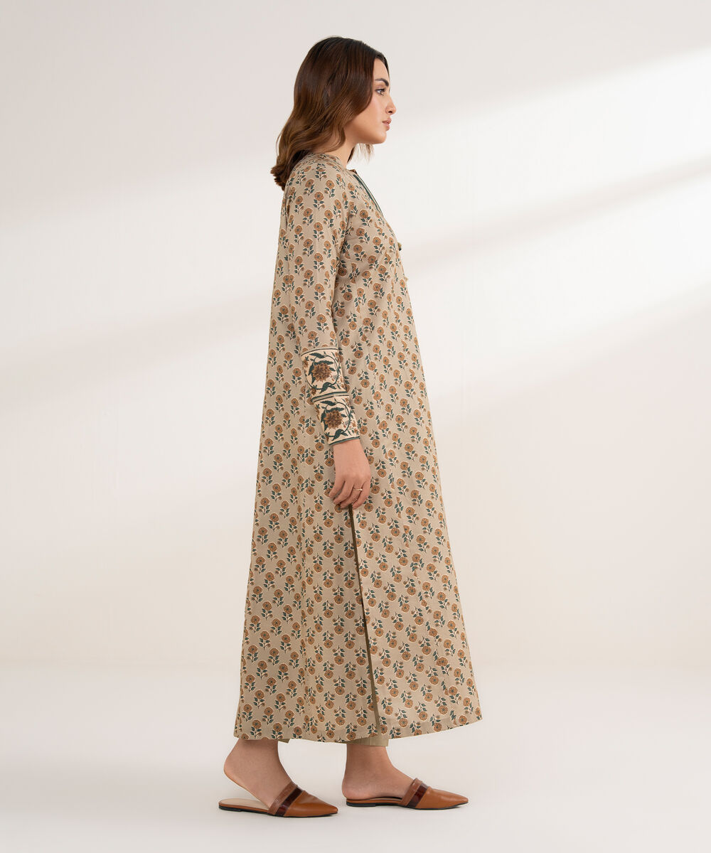 Women's Unstitched Lawn Printed Beige 3 Piece Suit