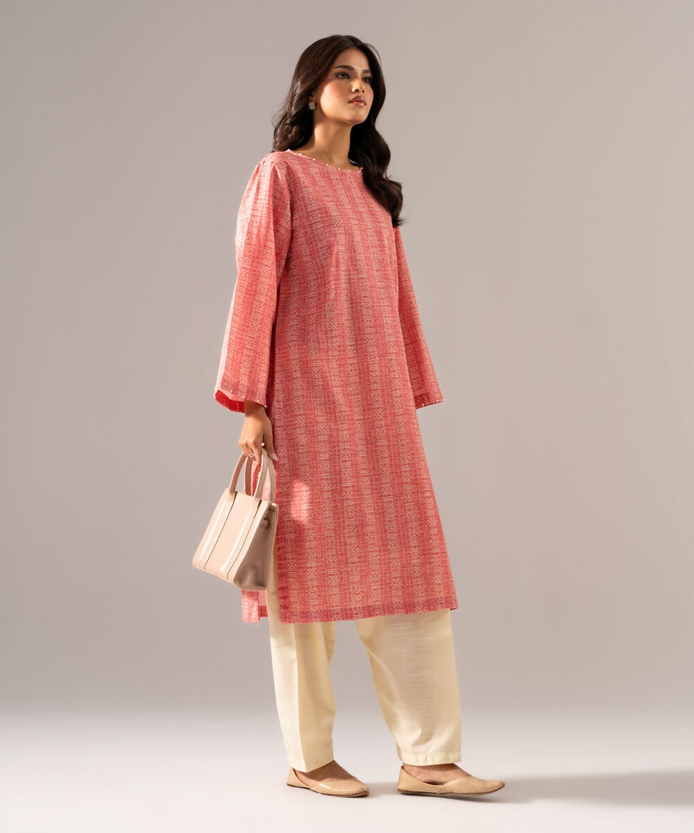 Women's RTW Khaddar Printed Pink Straight Shirt