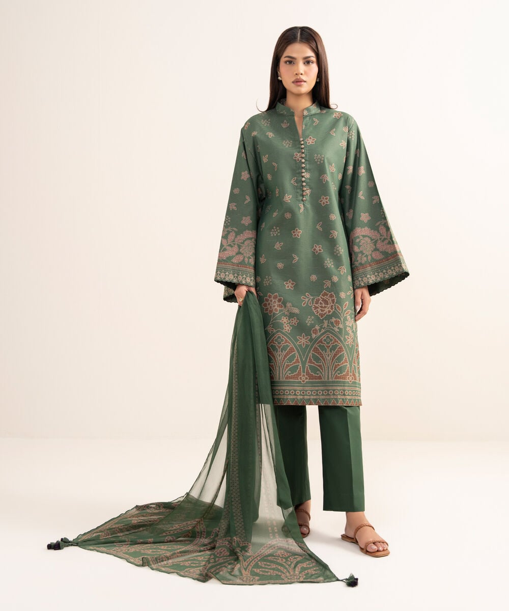 Women's Unstitched Zari Lawn Printed Green 3 Piece Suit