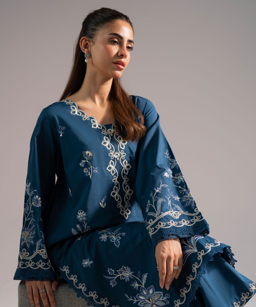 Women's RTW Cambric Embroidered Teal 2 Piece Suit