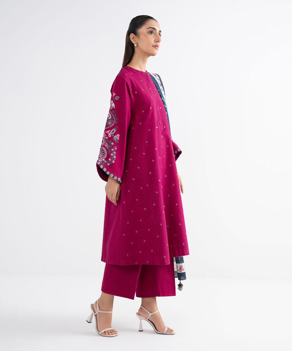 Women's Unstitched Khaddar Embroidered Pink 3 Piece Suit