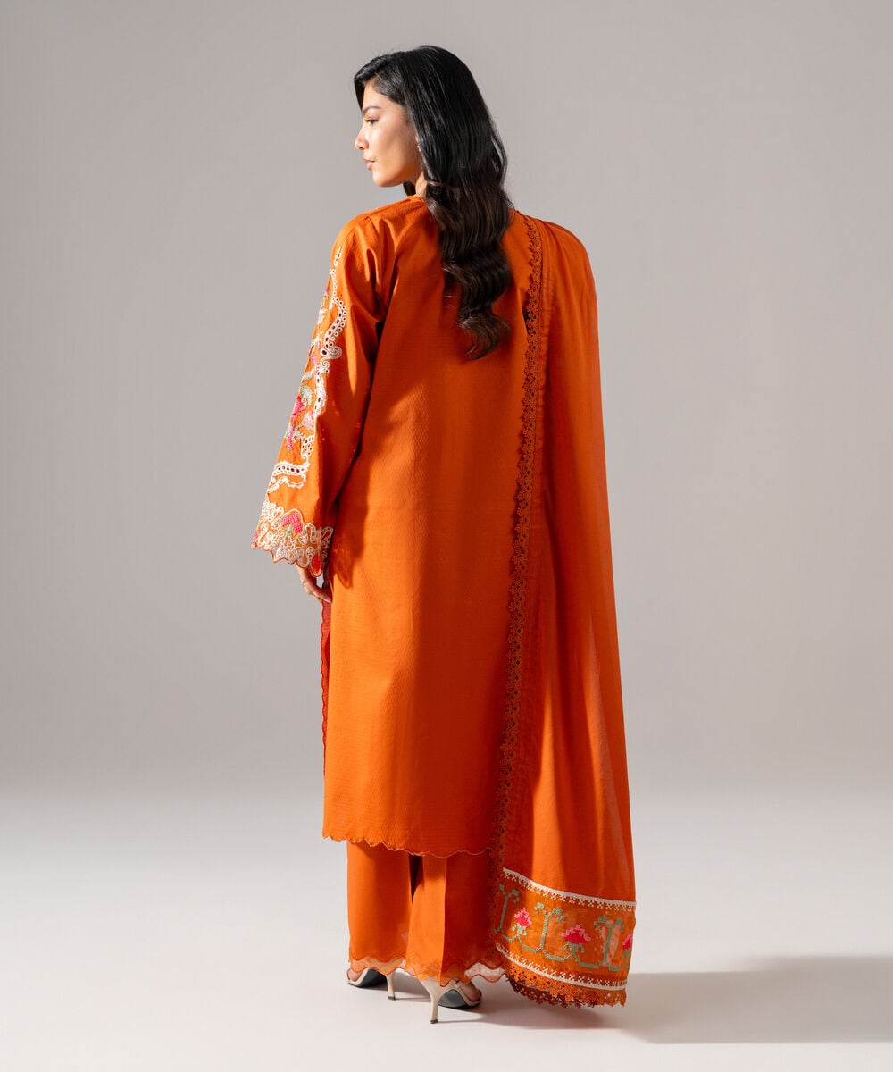 Women's RTW Dobby Embroidered Rust 3 Piece Suit
