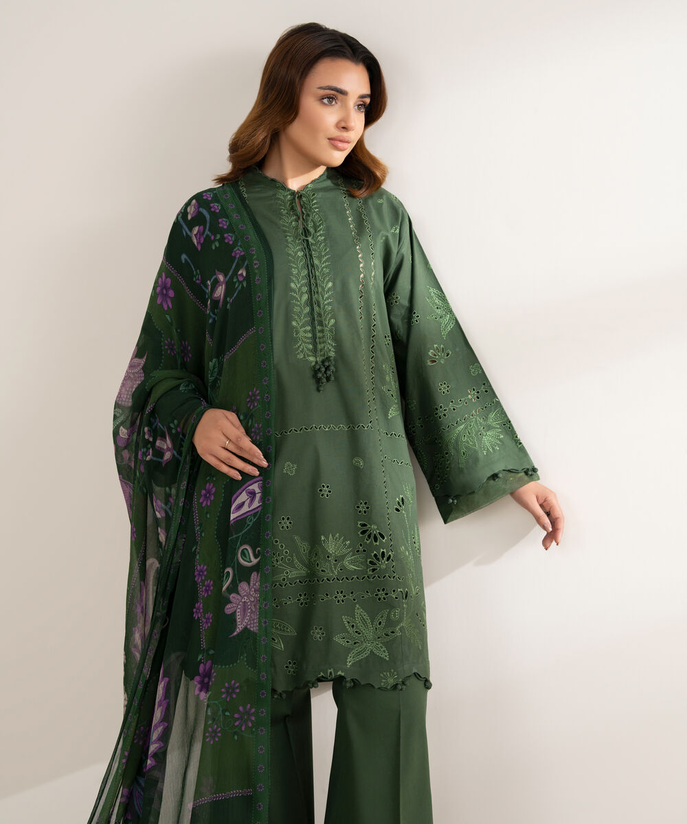 Women's Unstitched Cotton Embroidered Green 3 Piece Suit