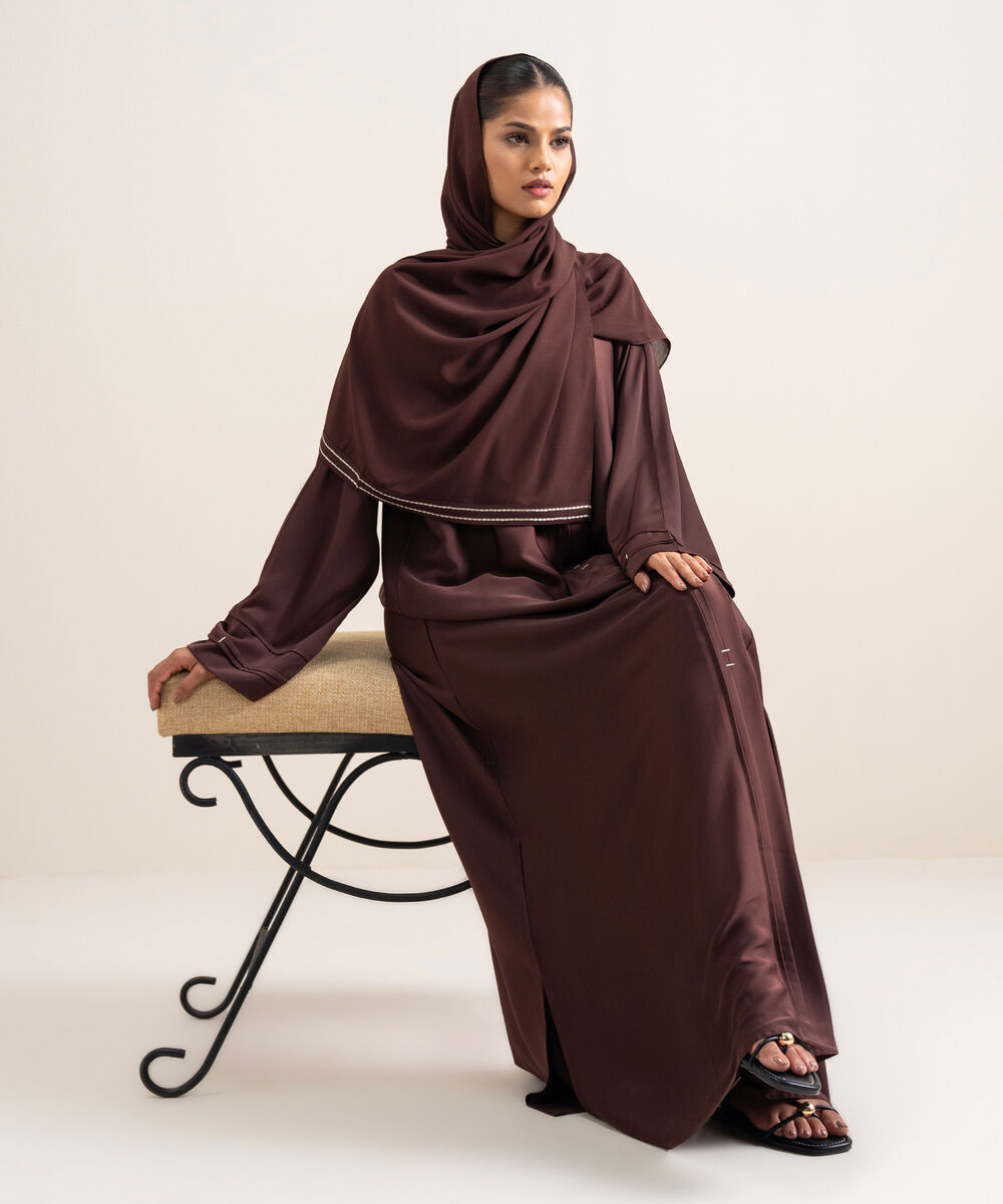 Women's Polyster Brown Kimono Abbaya Set