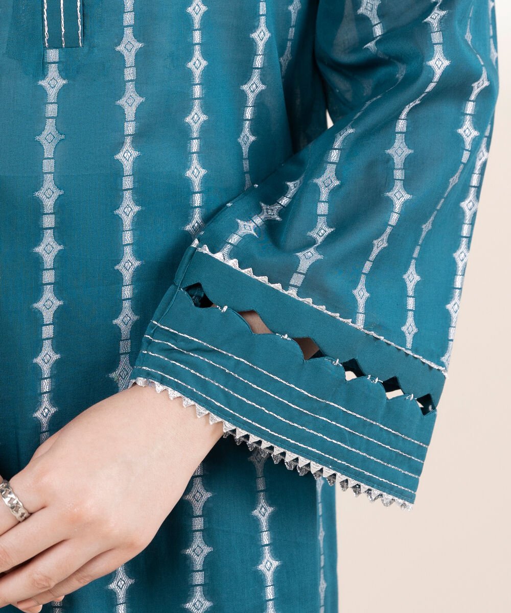 Women's RTW Extra Weft Jacquard Blue Solid A-Line Shirt