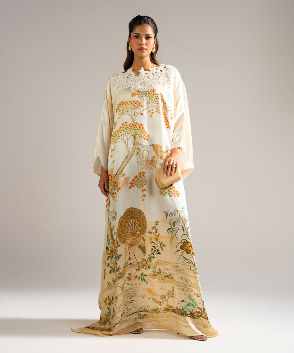 Women's RTW Blended Satin Printed Pale Yellow Kaftan