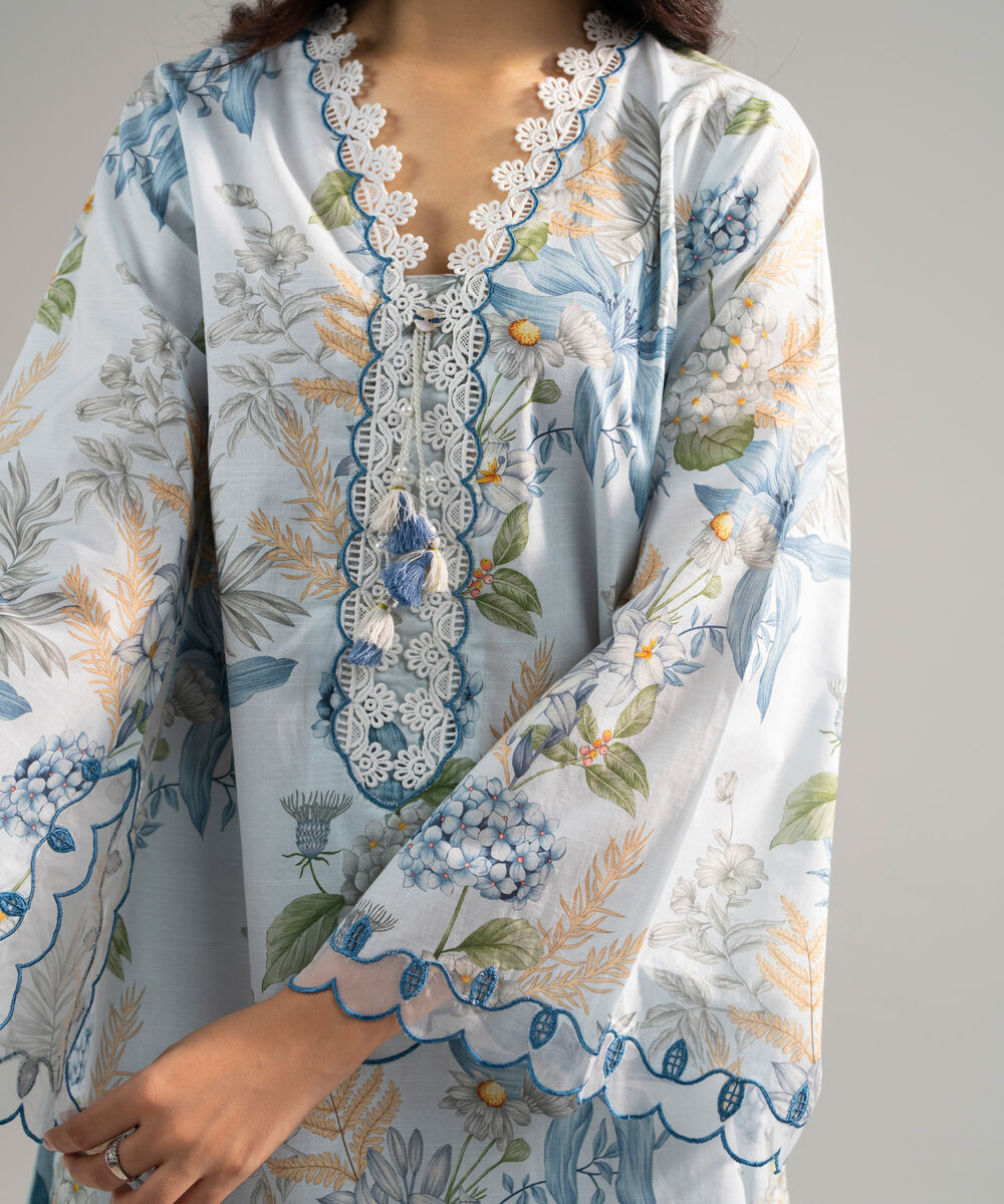Women's RTW Slub Lawn Embroidered Light Blue 2 Piece Suit