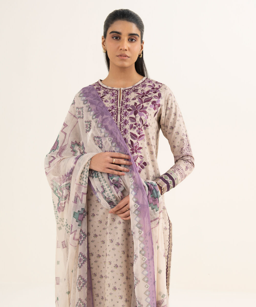 Women's Unstitched Cotton Embroidered Pink 3 Piece Suit