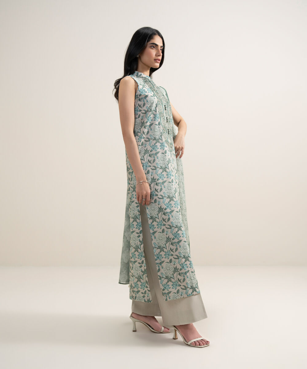 Women's Unstitched Lawn Embroidered Beige 3 Piece Suit