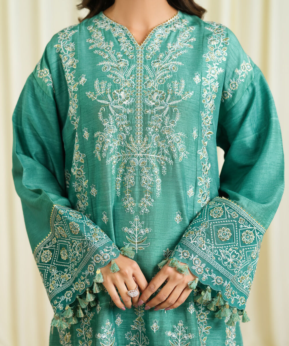 Women's Unstitched Raw Silk Embroidered Green 3 Piece Suit