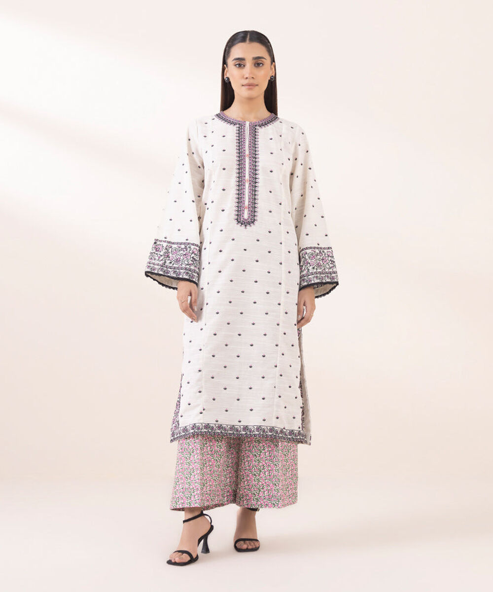Women's Pret Solid Embroidered White Zari Khaddar A Line Shirt
