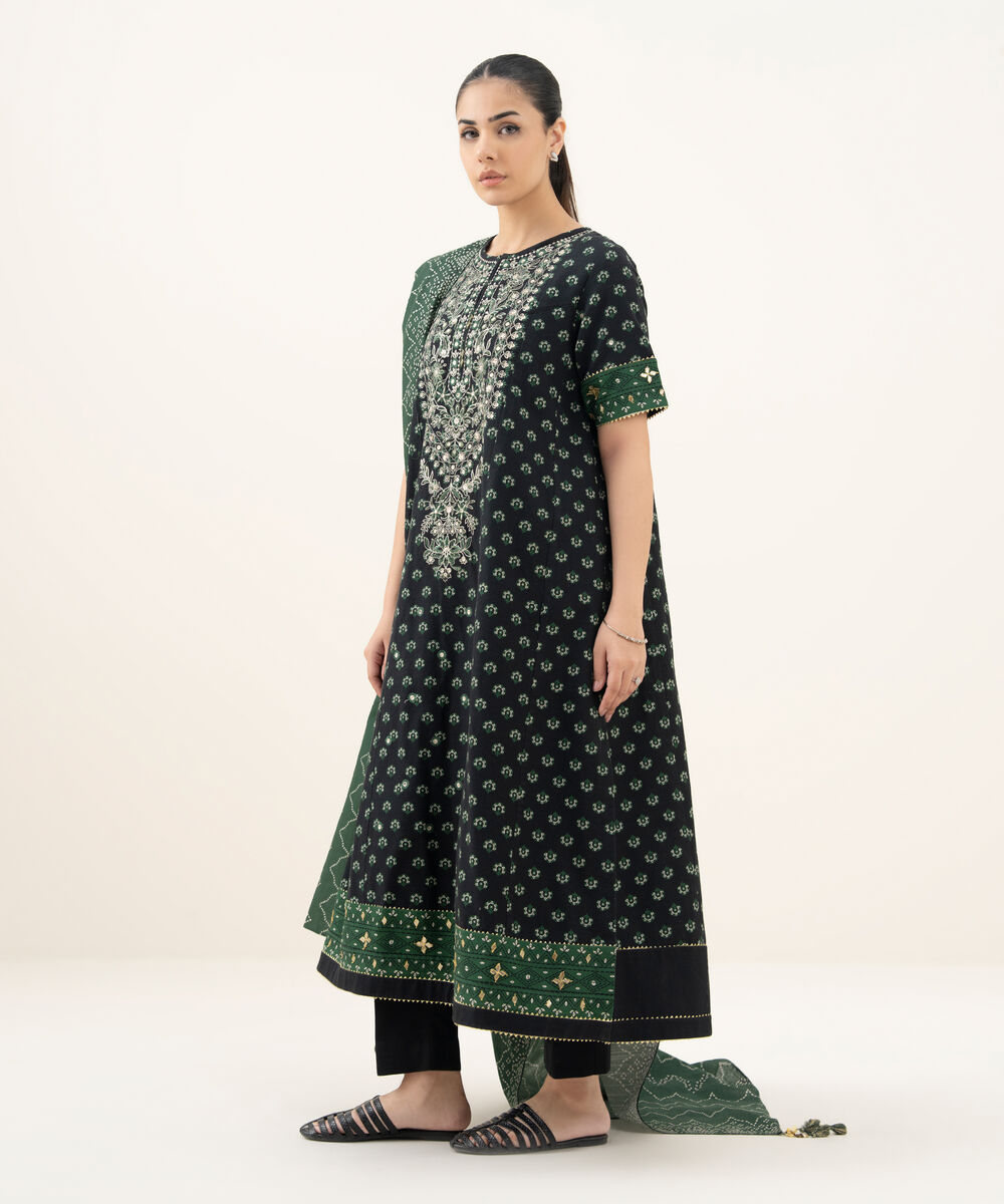 Women's Unstitched Embroidered Khaddar Black and Green 3 Piece Suit