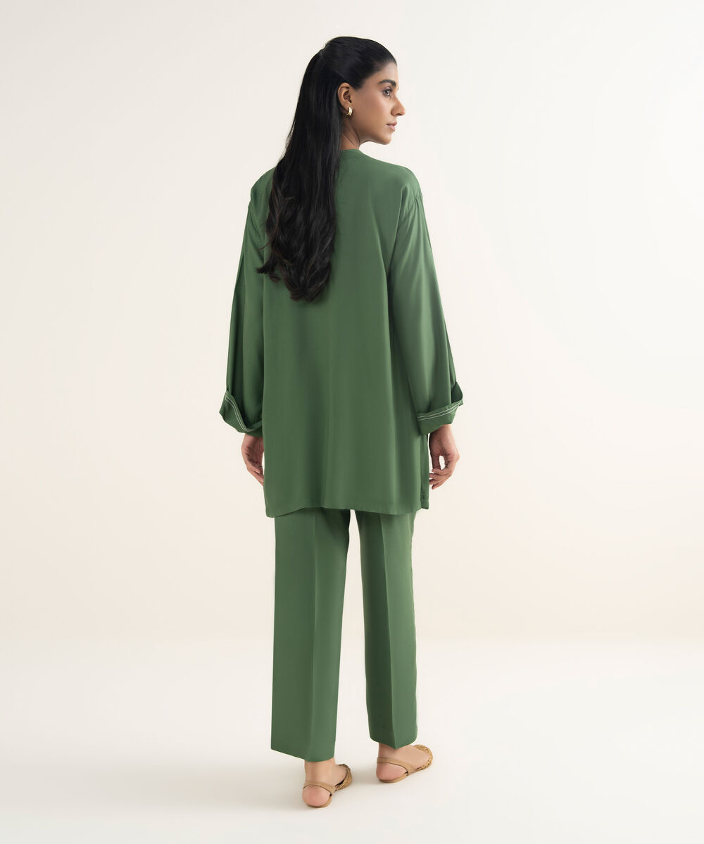 Women's RTW Bedford  Solid Green Drop Shoulder Shirt