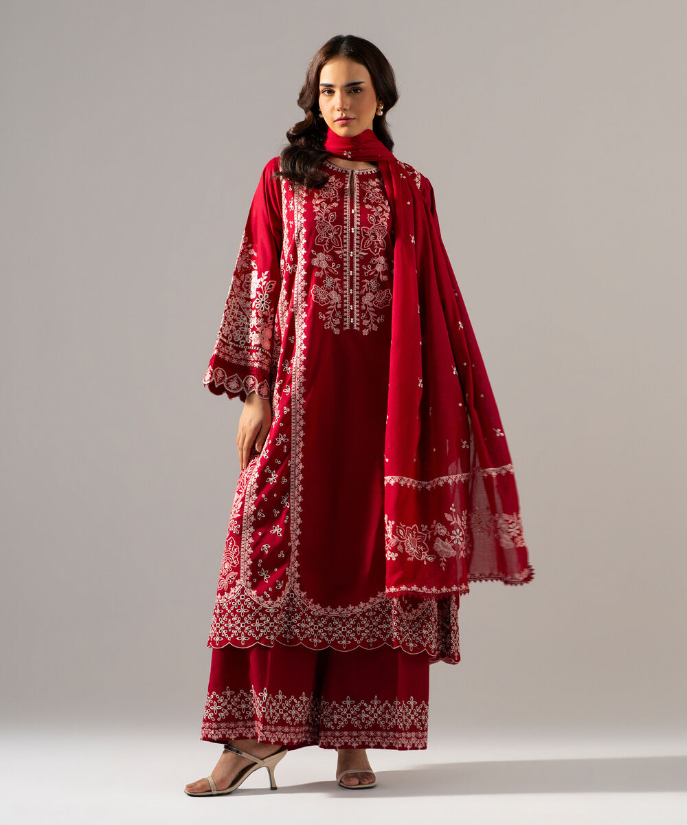 Women's RTW Lawn Solid Embroidered Maroon 3 Piece Suit