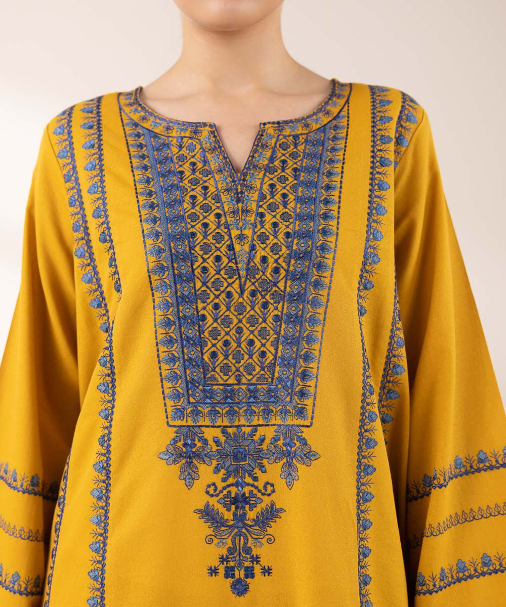 Woman - Yellow Embroidered Cotton Karandi Shirt