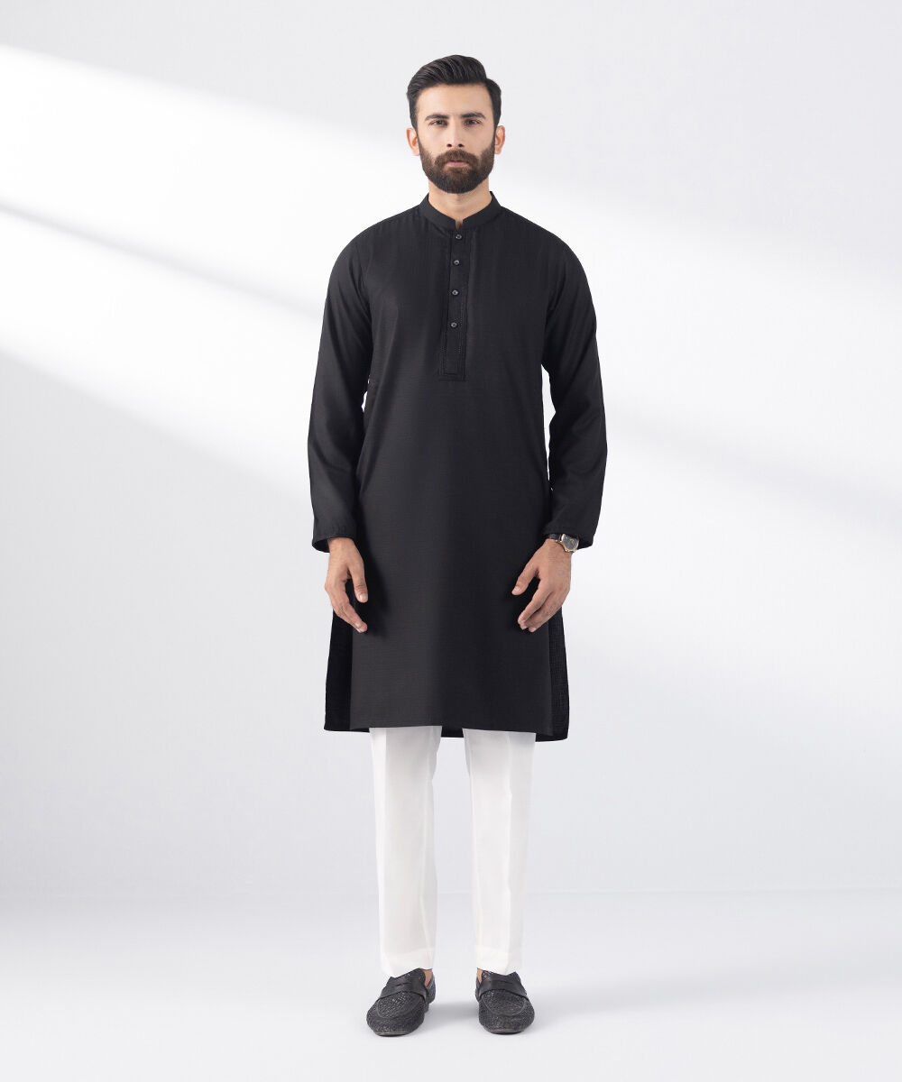 Men's Stitched Kurta Black Embroidered Jacquard Kurta
