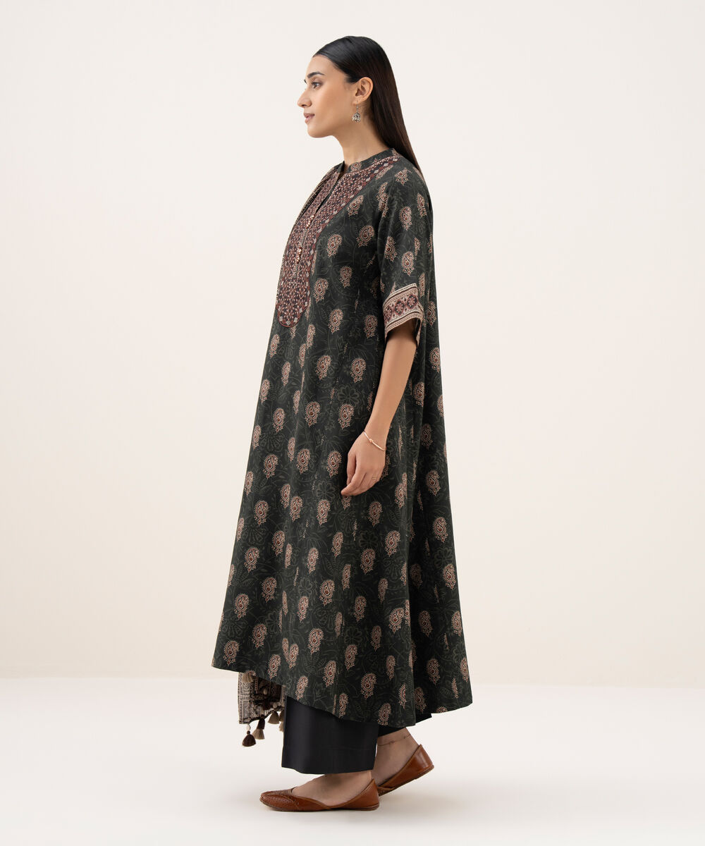 Women's Unstitched Light Linen Printed Grey 3 Piece Suit