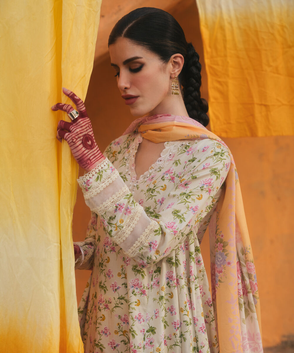 Women's RTW Cotton Satin Embroidered Pale Green 3 Piece Suit