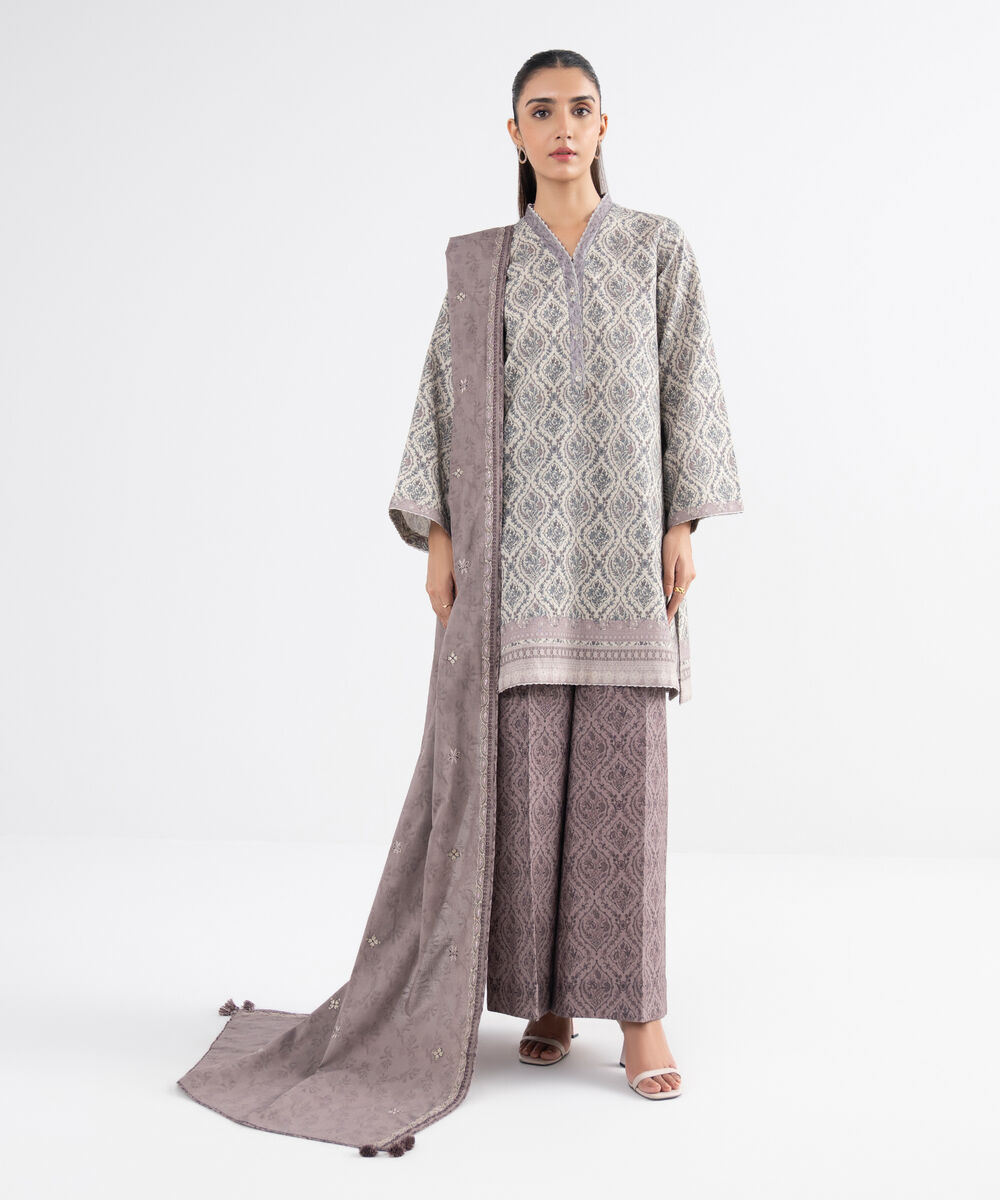 Women's Unstitched Cross Hatch Embroidered Grey 3 Piece Suit