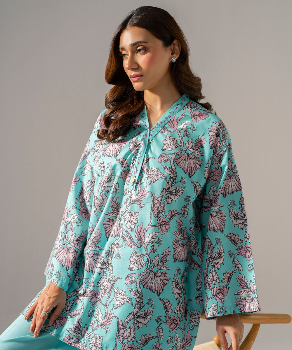 Women's RTW  Cambric Printed Blue Drop Shoulder