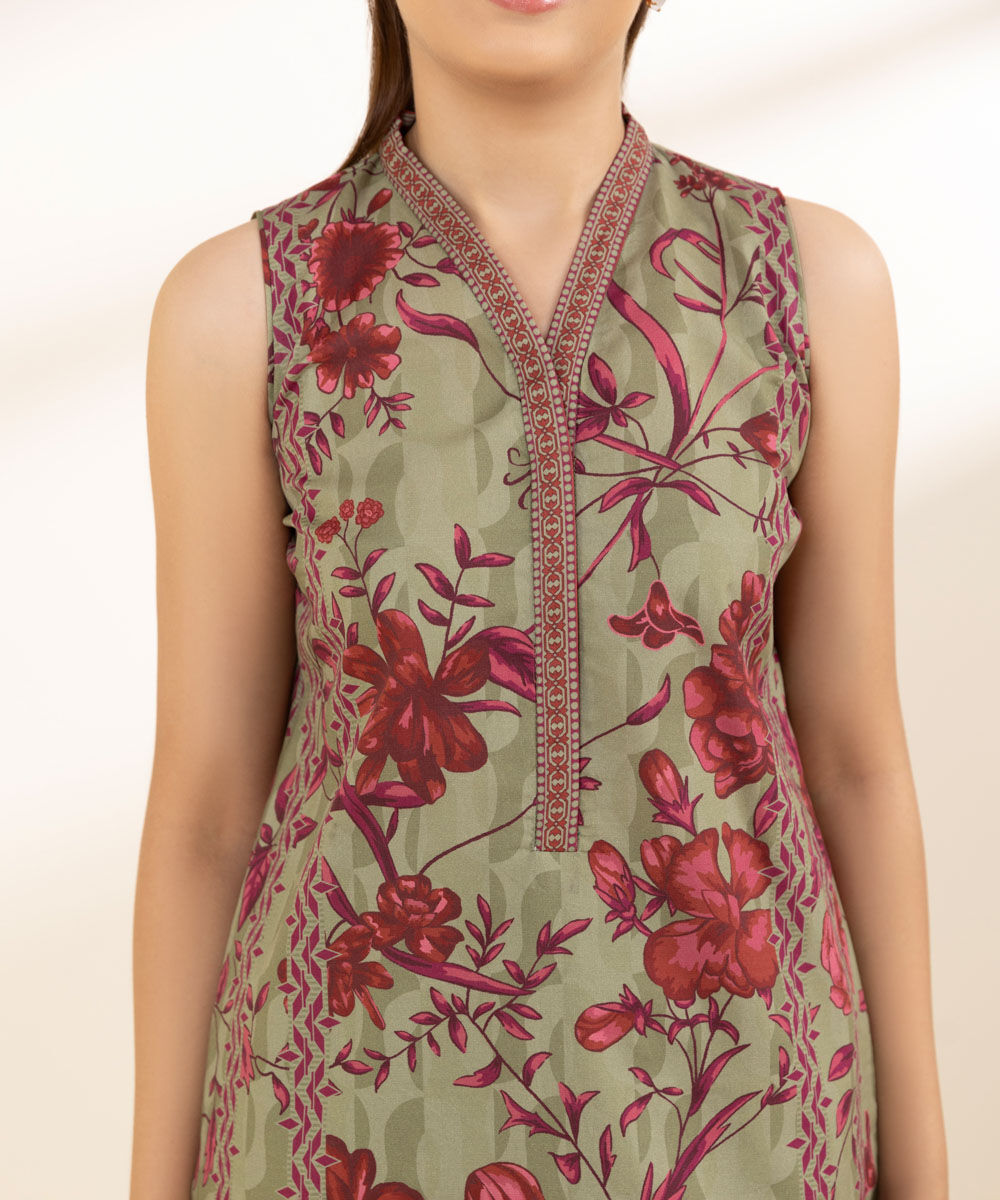 Unstitched Women's Printed Lawn Green Two Piece Suit