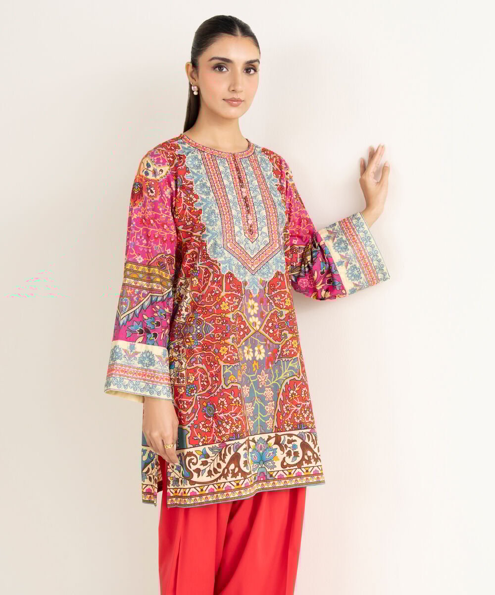 Women's RTW Linen Viscose Embroidered Red Straight Shirt