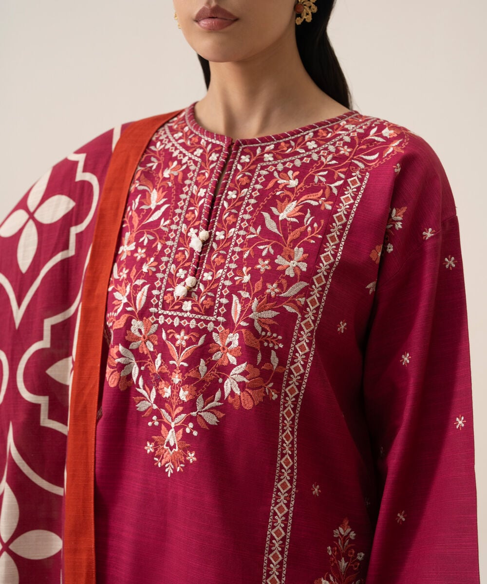 Women's Unstitched Basic Khaddar Embroidered Magenta 3 Piece Suit