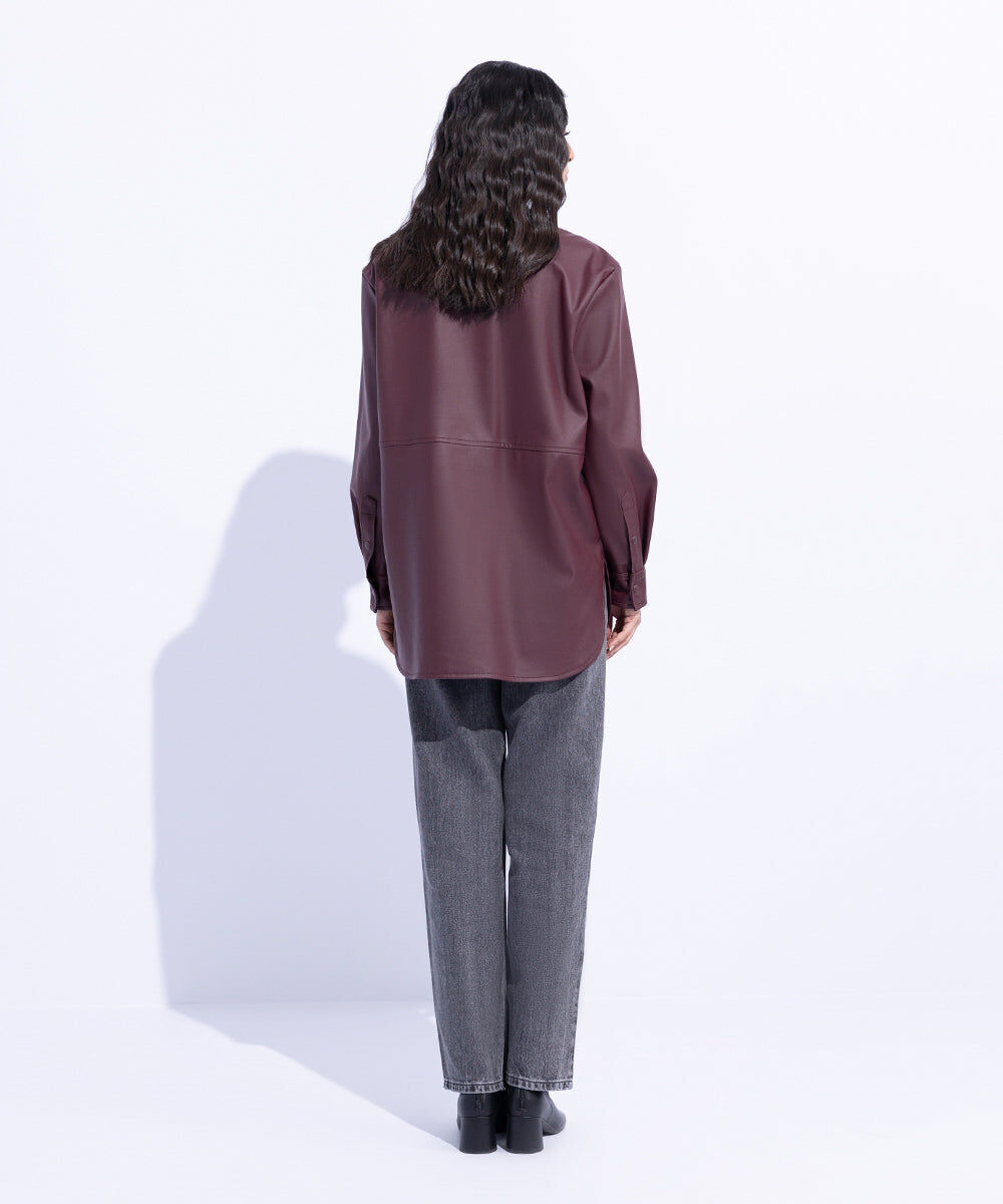 Woman - Red Loose Fit Faux Leather Overshirt