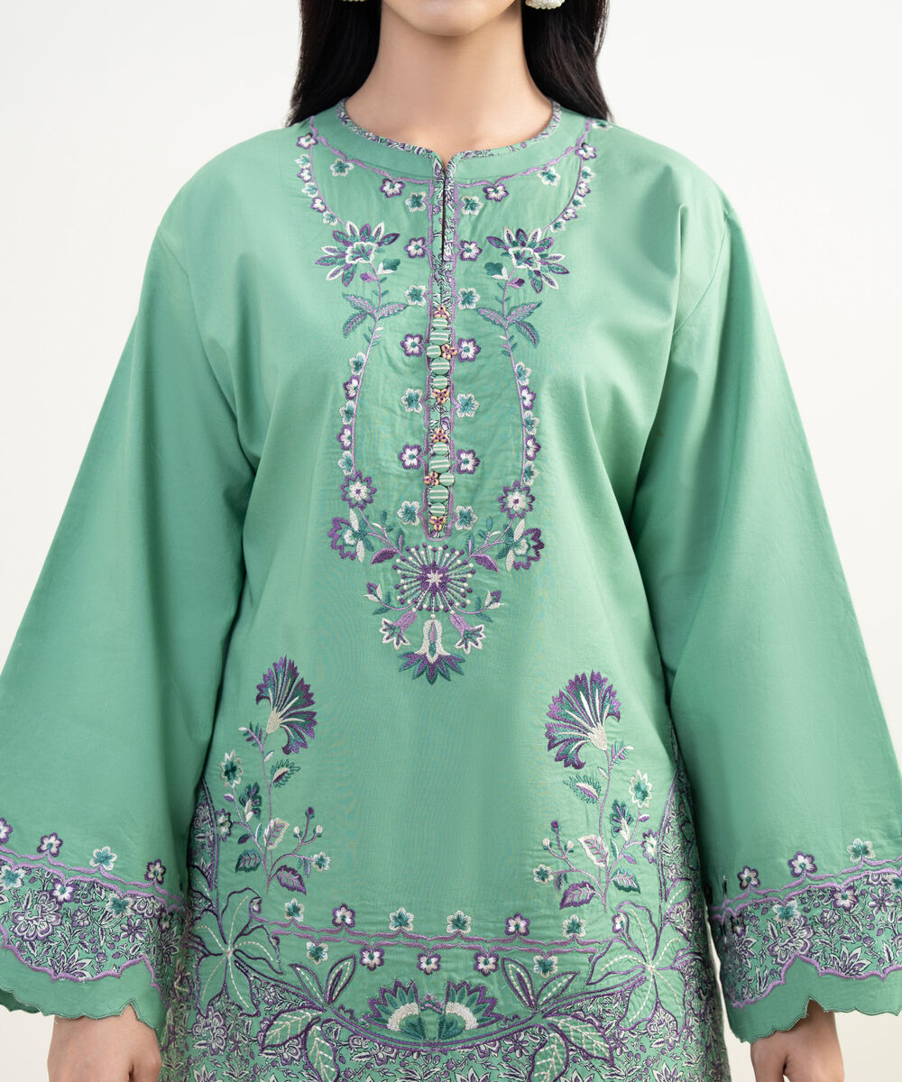Women's Unstitched Textured Lawn Embroidered Green 3 Piece Suit