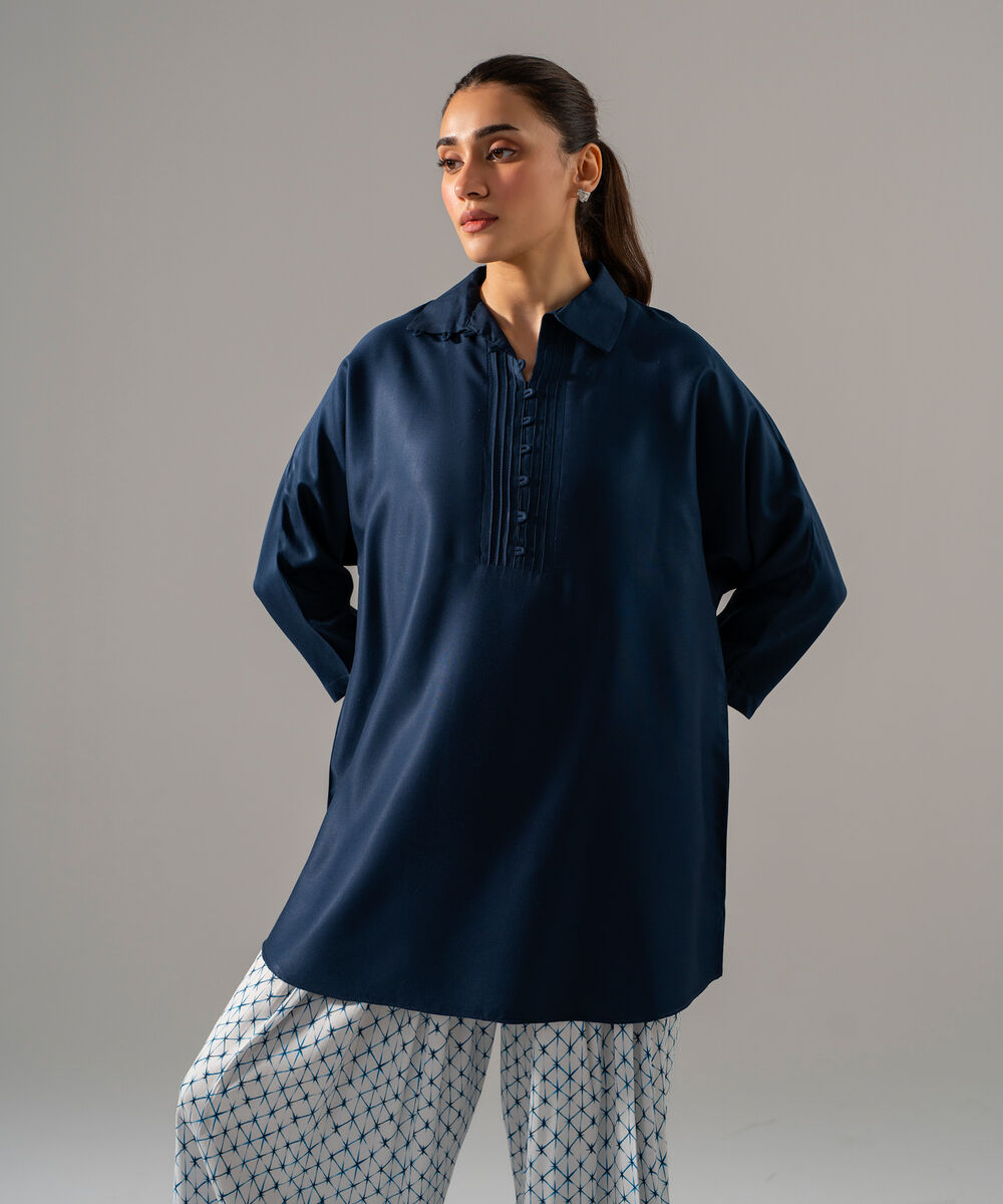 Women's RTW Bedford Solid Blue Drop Shoulder Shirt