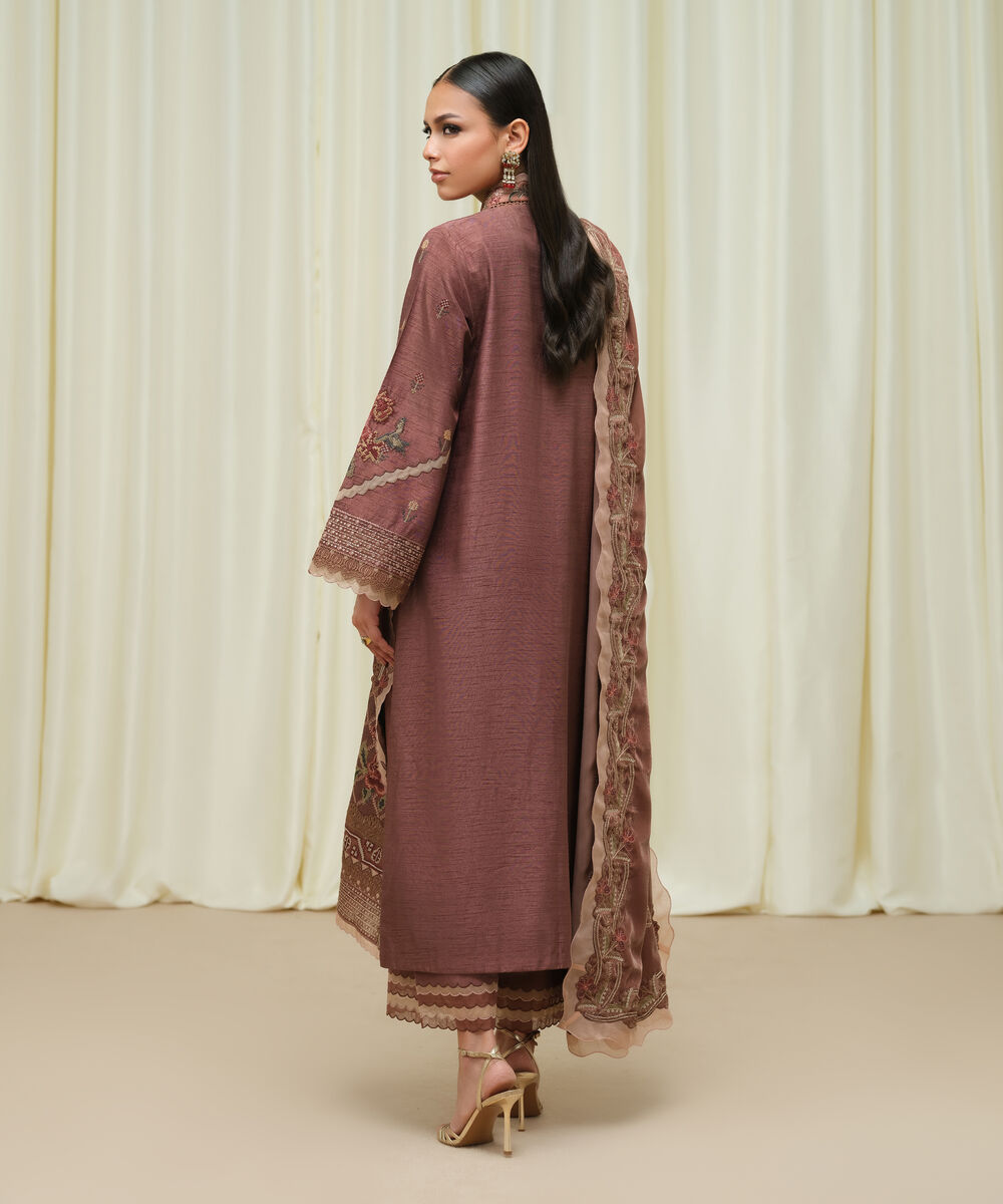 Women's Unstitched Raw Silk Embroidered Brown 3 Piece Suit