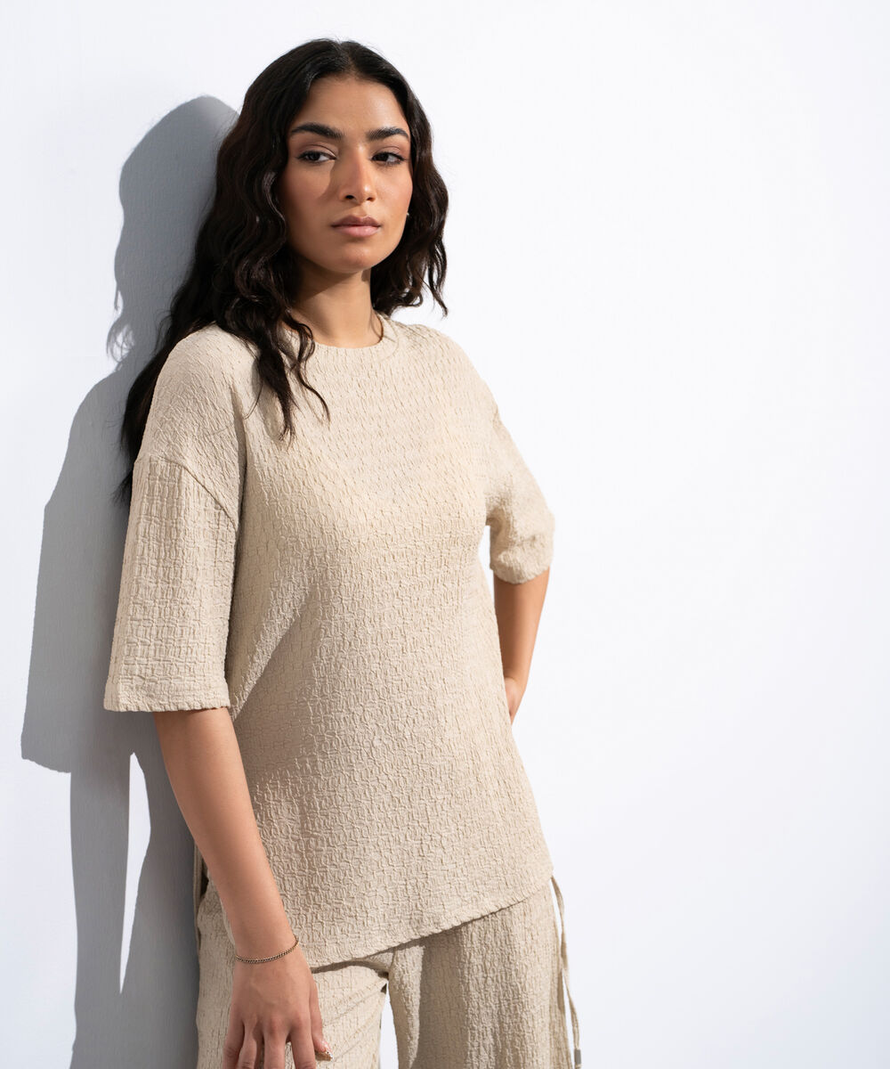Women's Beige Loose Fit Textured T-Shirt