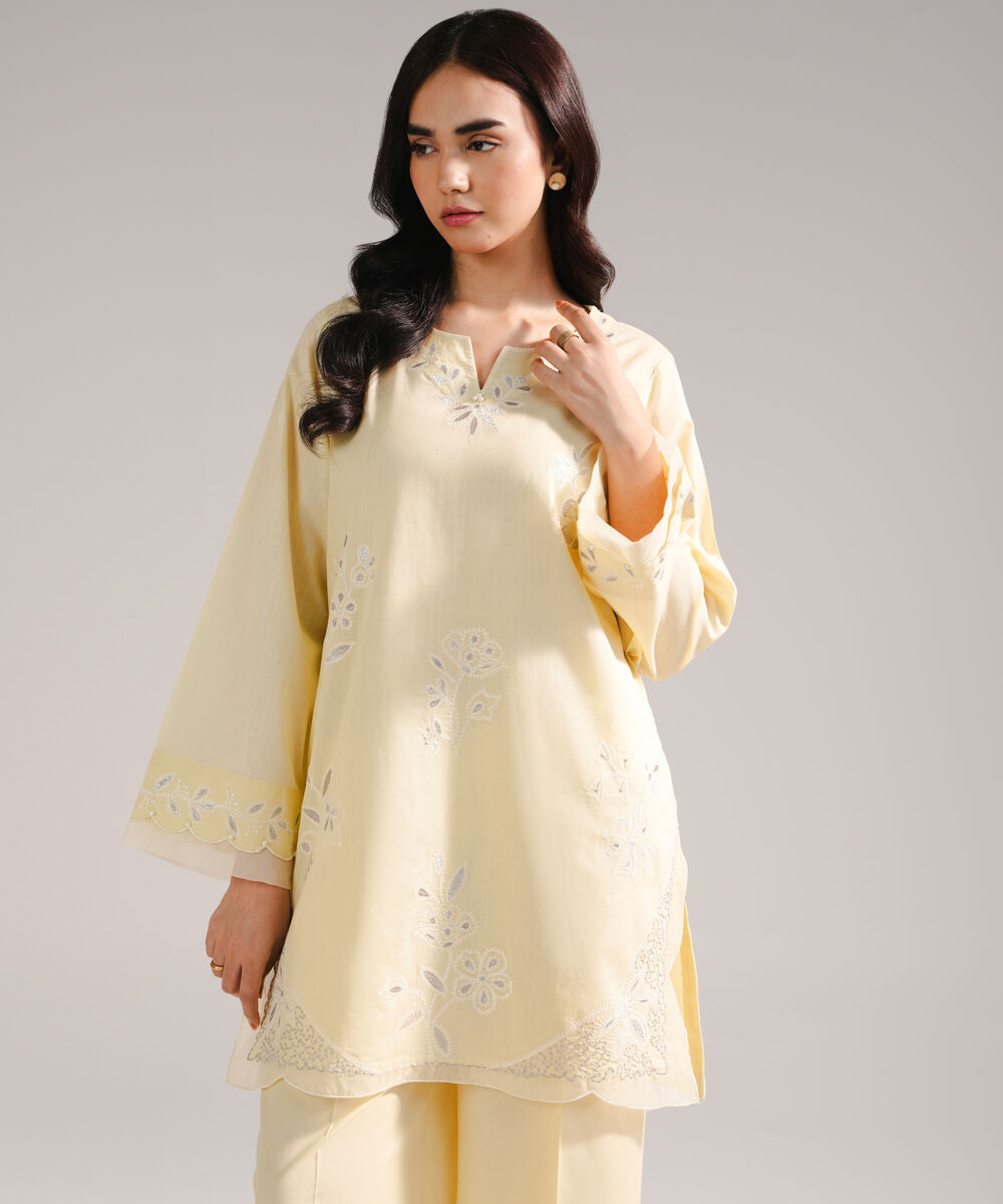Women's RTW Cross Hatch Embroidered Pale Yellow Straight Shirt