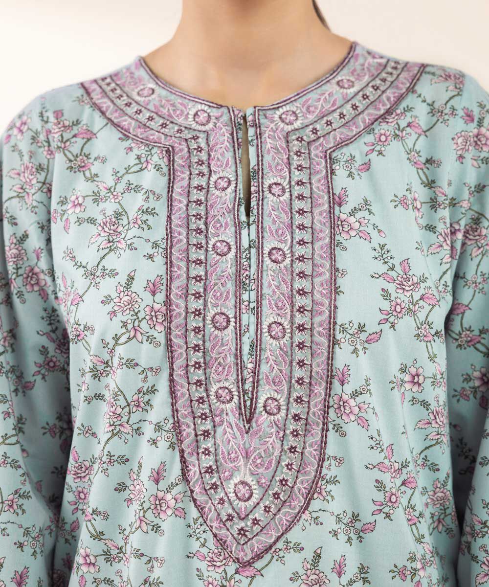 Women's RTW Cotton Viscose Blue Embroidered A-Line Shirt