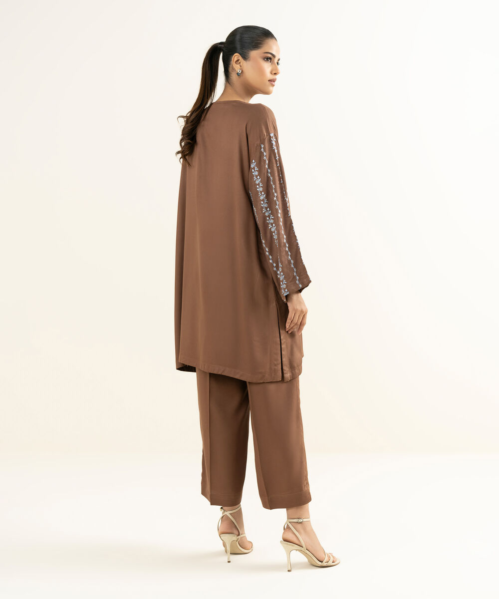Women's RTW Bedford  Embroidered Brown Drop Shoulder Shirt