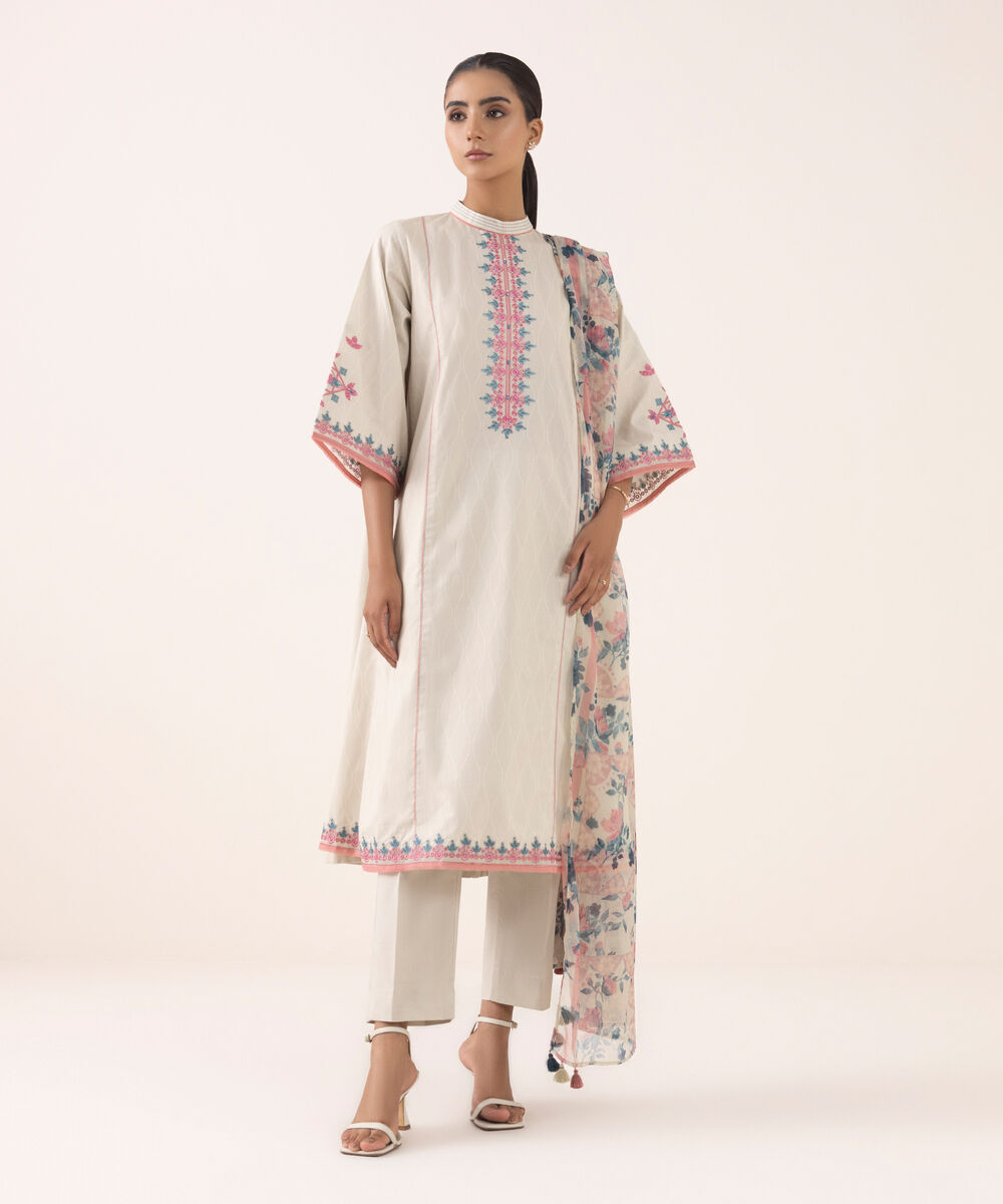 Women's Unstitched Cotton Embroidered Beige Three Piece Suit