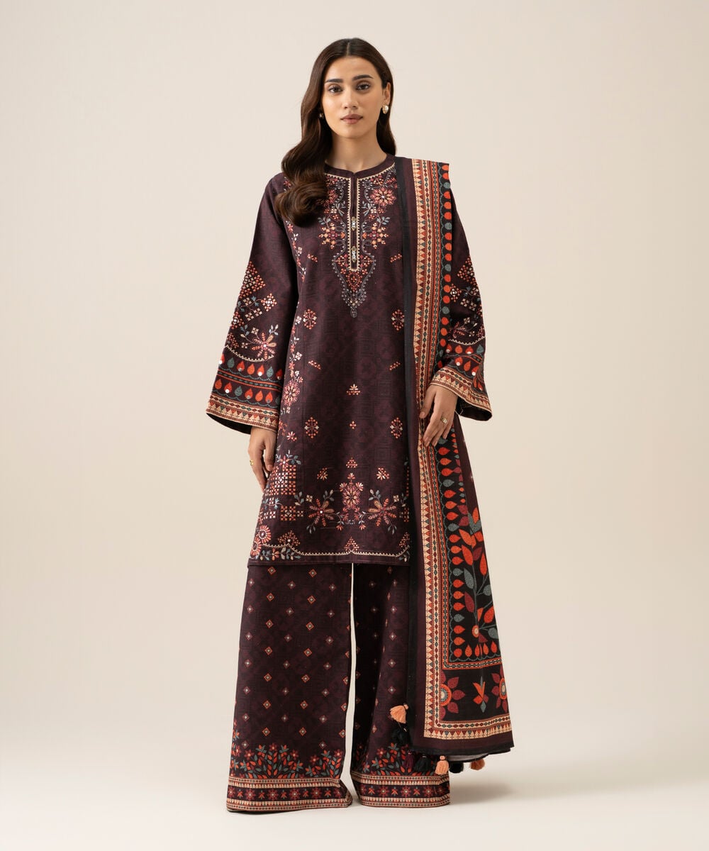 Women's Unstitched Light Khaddar Embroidered Plum 3 Piece Suit