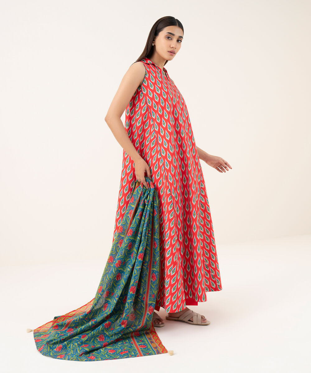 Women's Unstitched Cotton Printed Red 3 Piece Suit