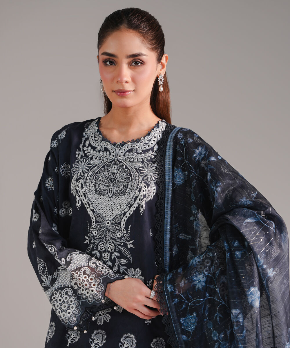 Women's RTW Self Jacquard Embroidered Dark Blue 3 Piece Suit