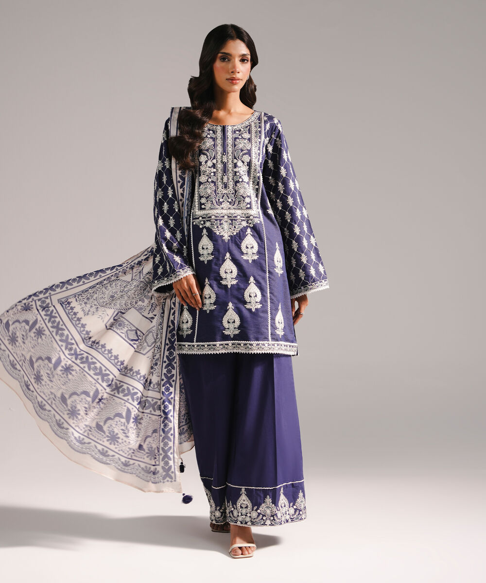 Women's RTW Fancy Cotton Embroidered Dark Blue 3 Piece Suit