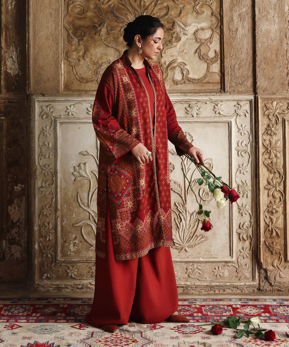 2 Piece - Printed Viscose Khaddar Suit Women's Unstitched Viscose Khaddar Printed Red 2 Piece Suit